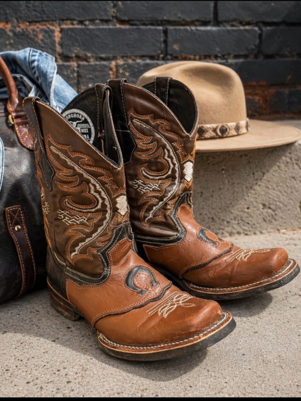 Longhorn Black Leather Cowboy Boots size 8